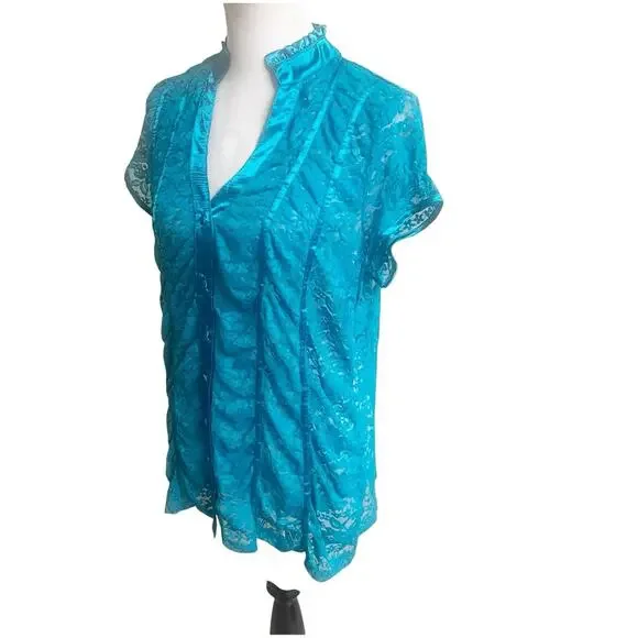 Lane Bryant Lace & Satin Trim Short Sleeve Button Down Blouse Y2K 18/20 - Picture 3 of 10